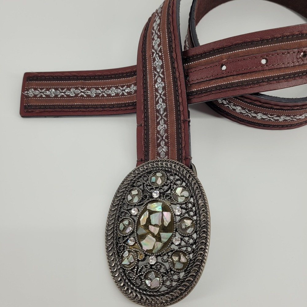 Womens Brown Leather Western Belt XL Silver Embroidered Mosaic Boho Eclectic